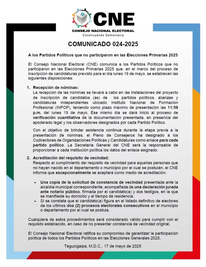 Este 19 de mayo vence el plazo para que partidos políticos que no participaron en las primarias presenten sus planillas ante el CNE, como parte del proceso rumbo a las Elecciones Generales 2025.
